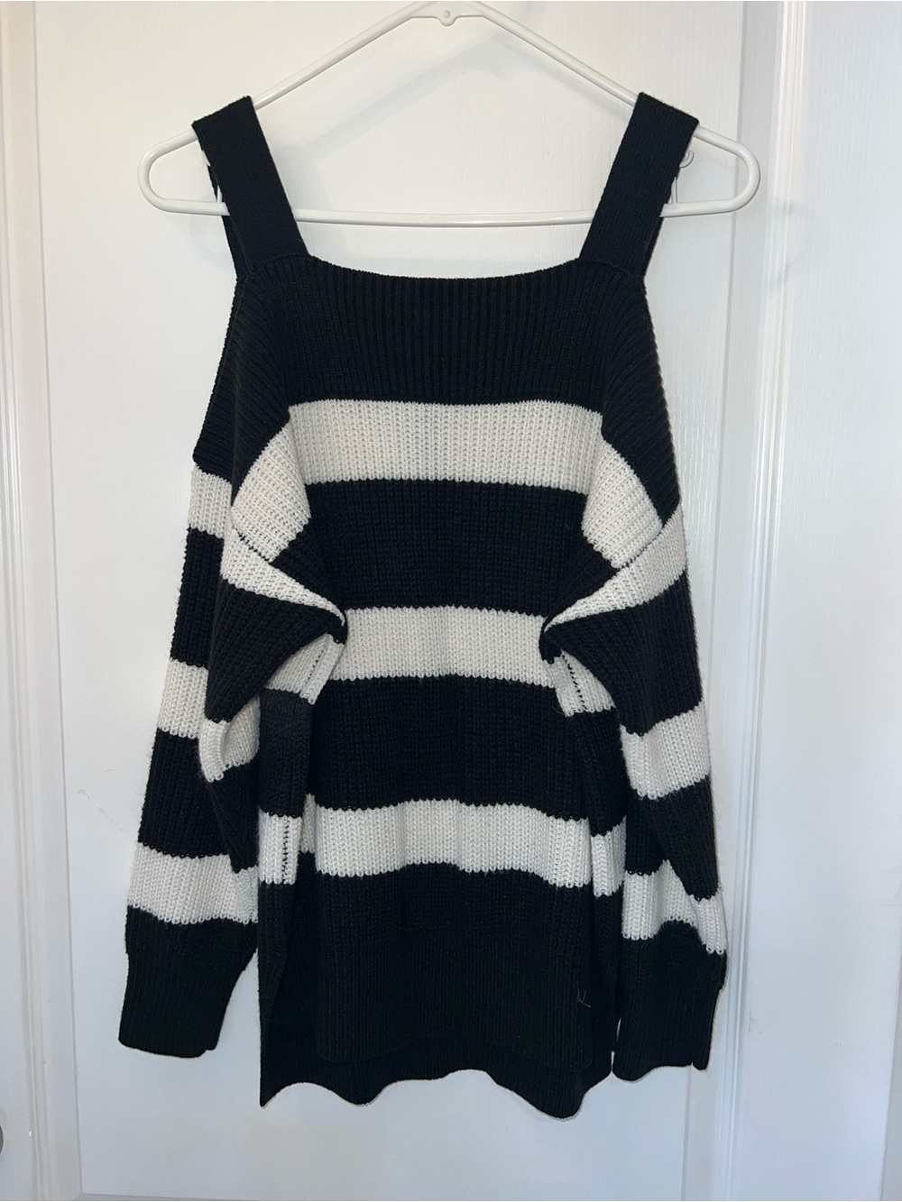 New York & Company Black and White Striped Cold-Shoulder Sweater